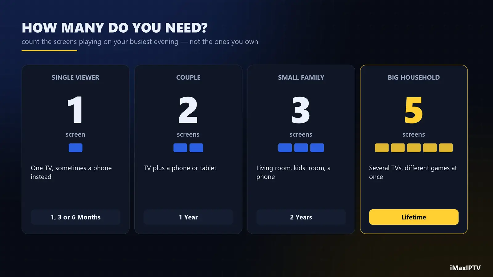 how many IPTV connections a household needs — single viewer, couple, family and large household